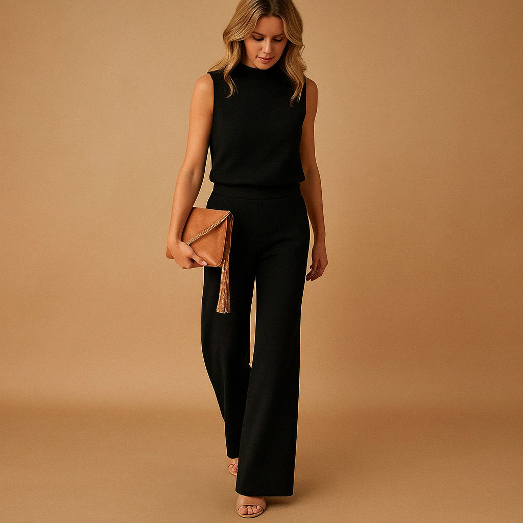 Elegant wide-leg jumpsuit for women with round neckline and flattering fit, perfect for work, dinners, and formal occasions.