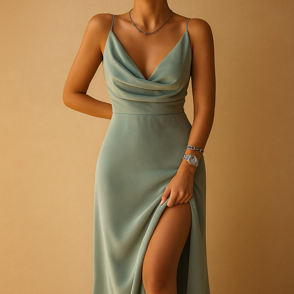 Elegant V-neck maxi dress for women with flowing silhouette and concealed zipper, perfect for weddings, galas, and formal events.