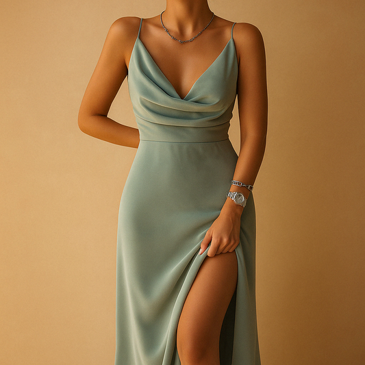 Elegant V-neck maxi dress for women with flowing silhouette and concealed zipper, perfect for weddings, galas, and formal events.