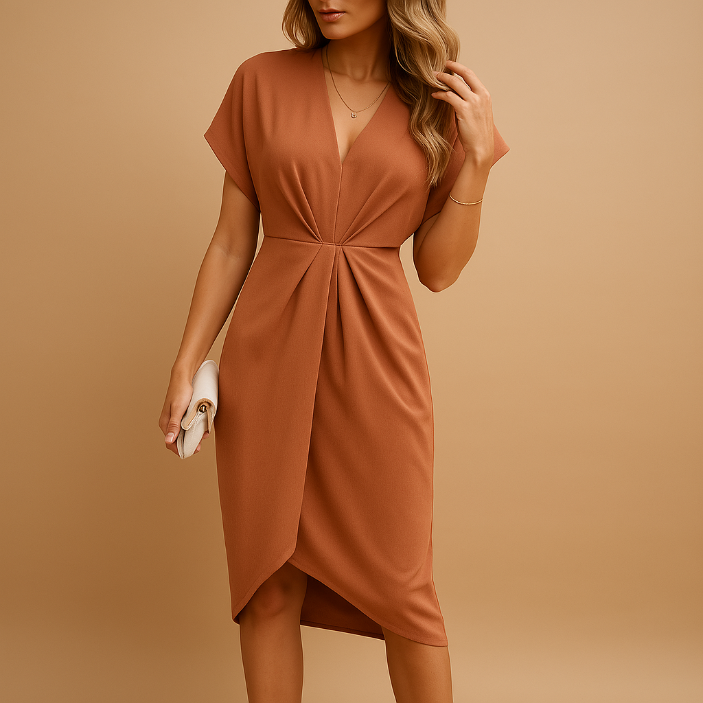 Elegant wrap midi dress for women with flattering silhouette, ideal for work, dinners, and social occasions in spring or summer.