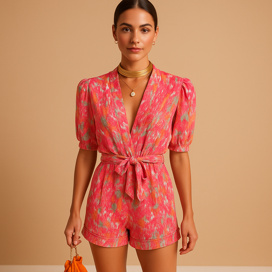 Printed short jumpsuit for women with waist belt and breathable fabric, perfect for summer outings and warm-weather occasions.