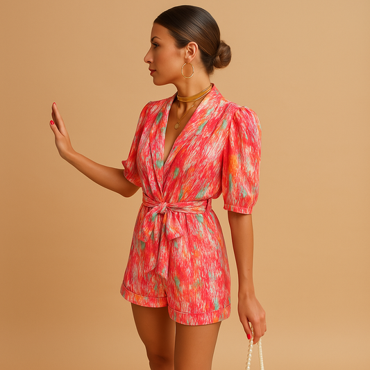 Printed short jumpsuit for women with waist belt and breathable fabric, perfect for summer outings and warm-weather occasions.