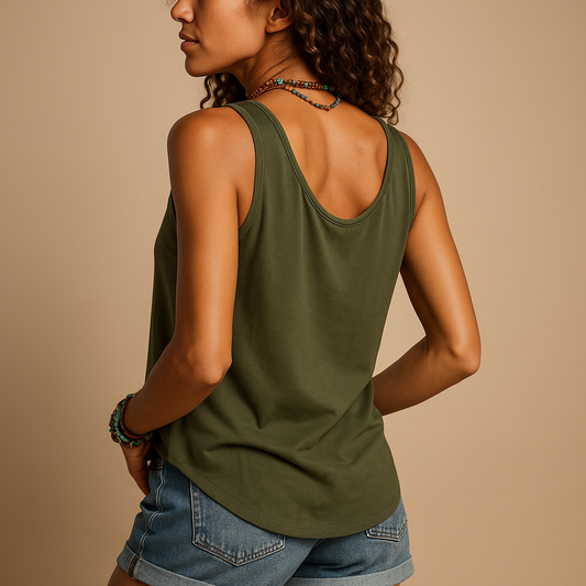 Sleeveless V-neck summer top for women with a relaxed fit and vibrant colors, perfect for warm days, vacations, and casual occasions.