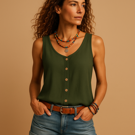 Sleeveless V-neck summer top for women with a relaxed fit and vibrant colors, perfect for warm days, vacations, and casual occasions.