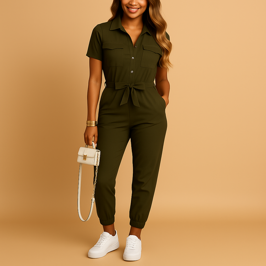 Tailored button jumpsuit for women with flattering fit and polished details, perfect for work, social gatherings, and elegant evenings.